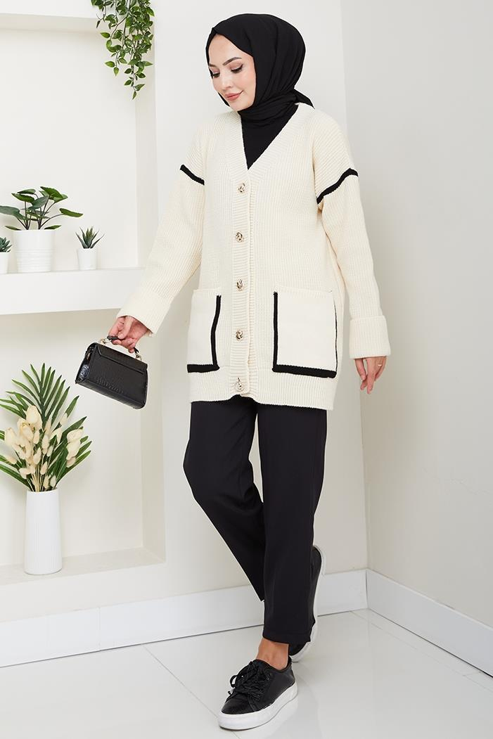 İlge Düğmeli Triko Hırka 1597 - Ekru