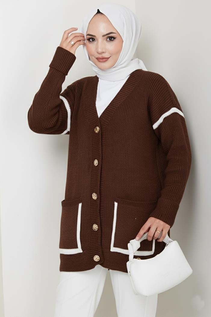 İlge Düğmeli Triko Hırka 1597 - Kahve