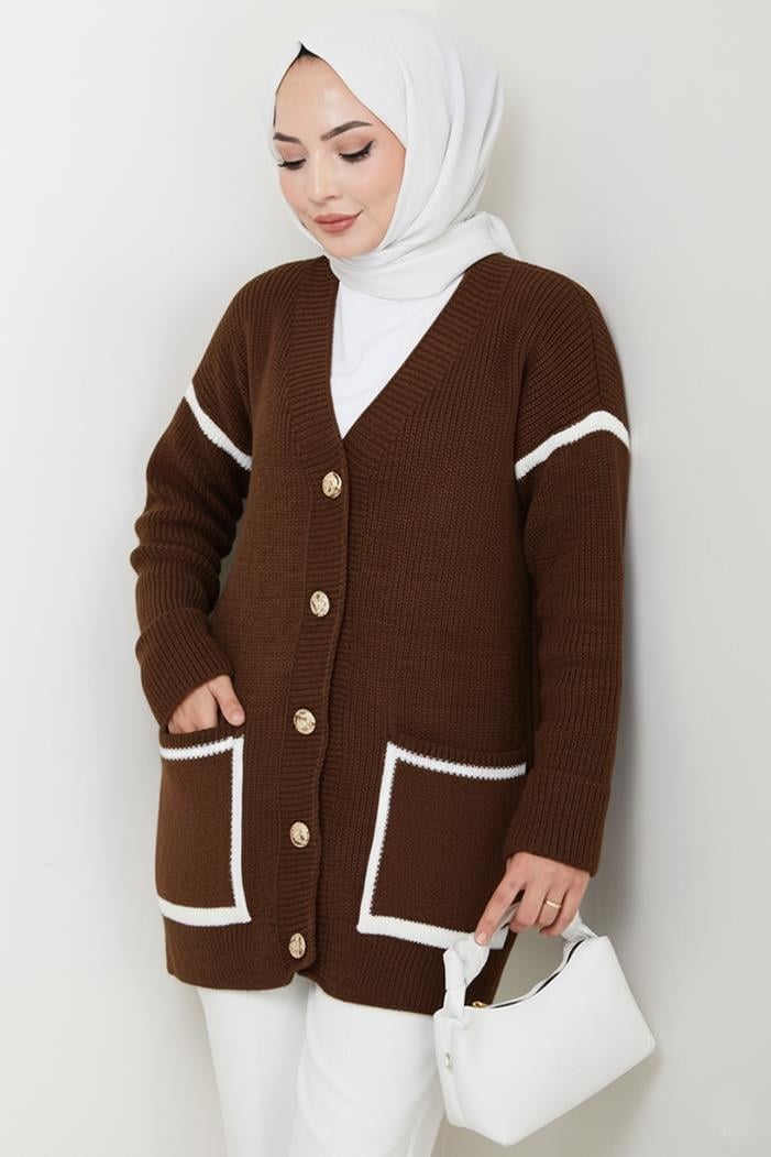 İlge Düğmeli Triko Hırka 1597 - Kahve