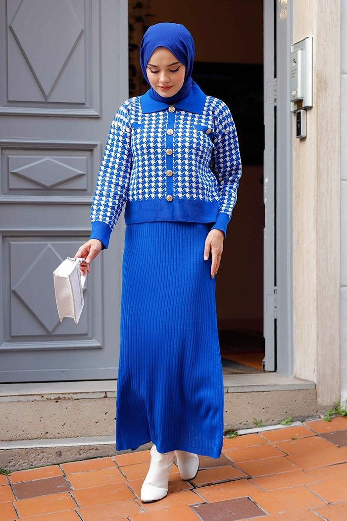 Jeli Elbise Hırka İkili Triko Takım 1220 - Saks Mavisi