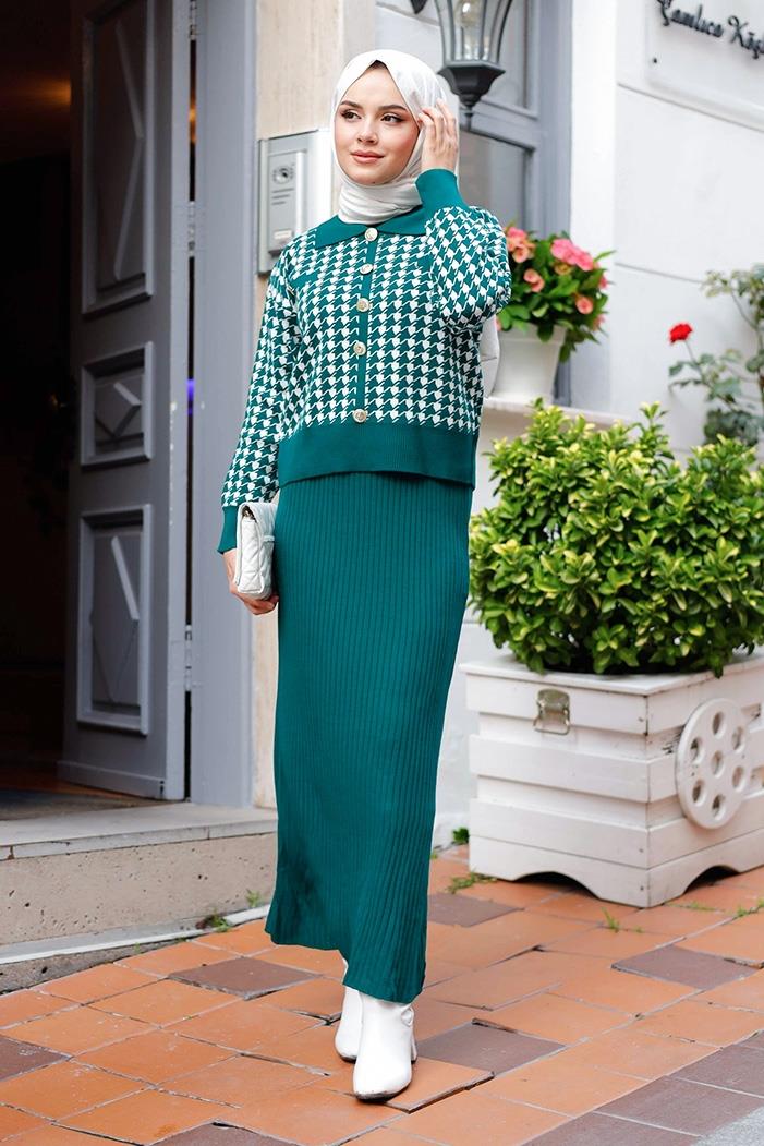 Jeli Elbise Hırka İkili Triko Takım 1220 - Zümrüt Yeşili