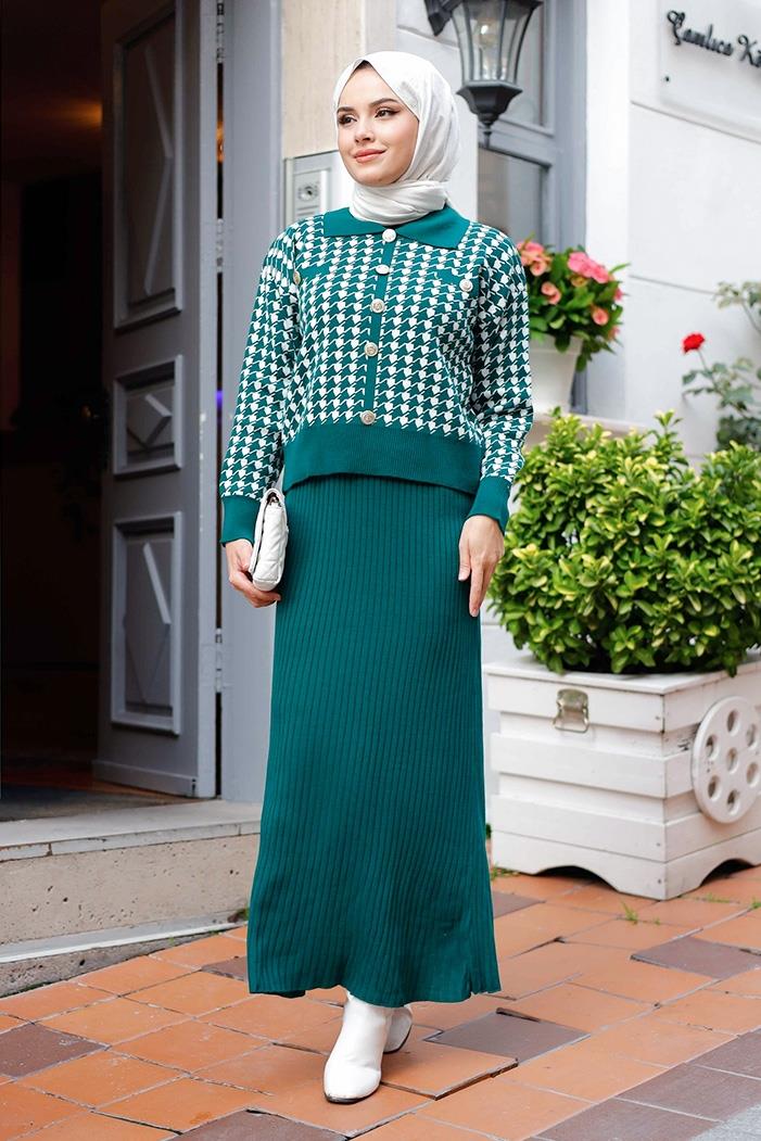 Jeli Elbise Hırka İkili Triko Takım 1220 - Zümrüt Yeşili