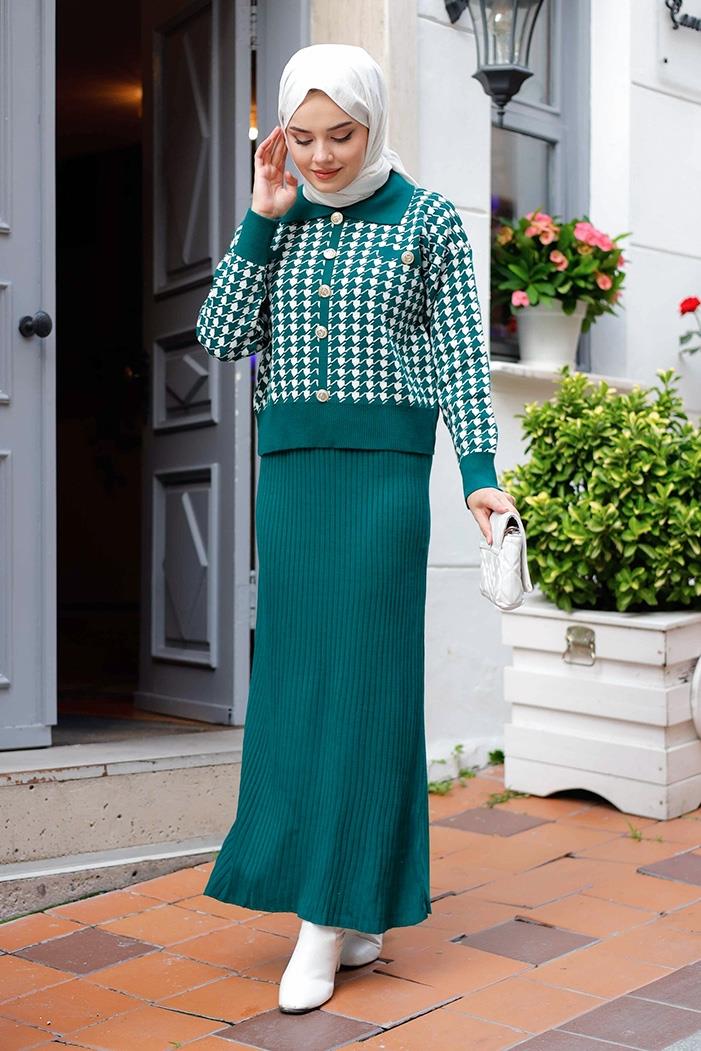Jeli Elbise Hırka İkili Triko Takım 1220 - Zümrüt Yeşili