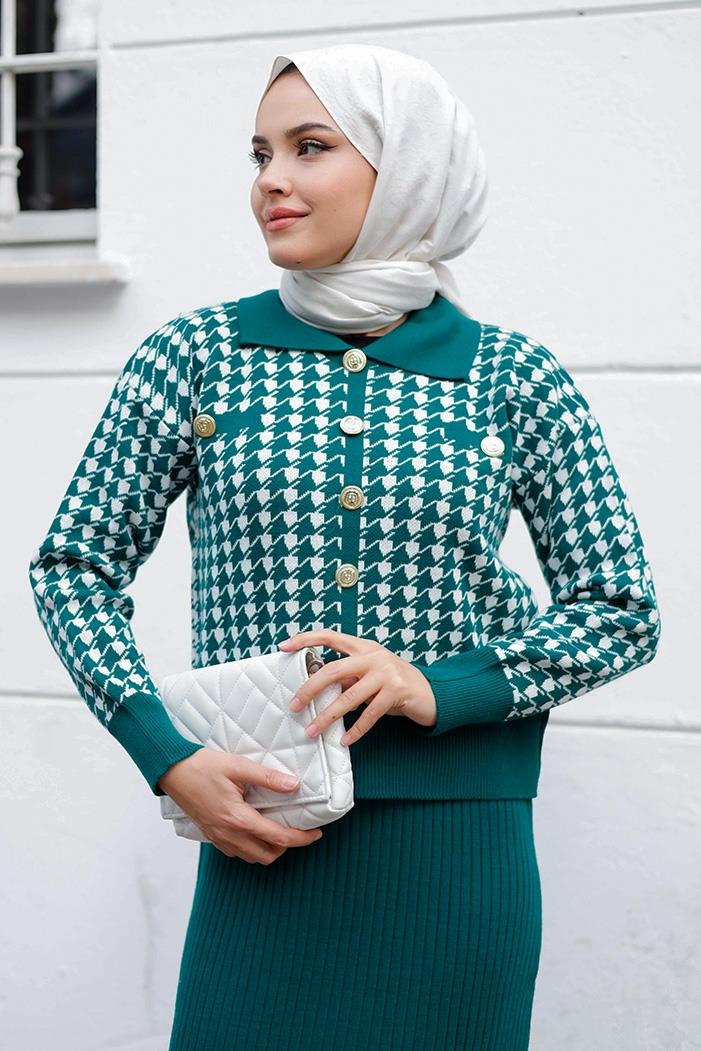 Jeli Elbise Hırka İkili Triko Takım 1220 - Zümrüt Yeşili