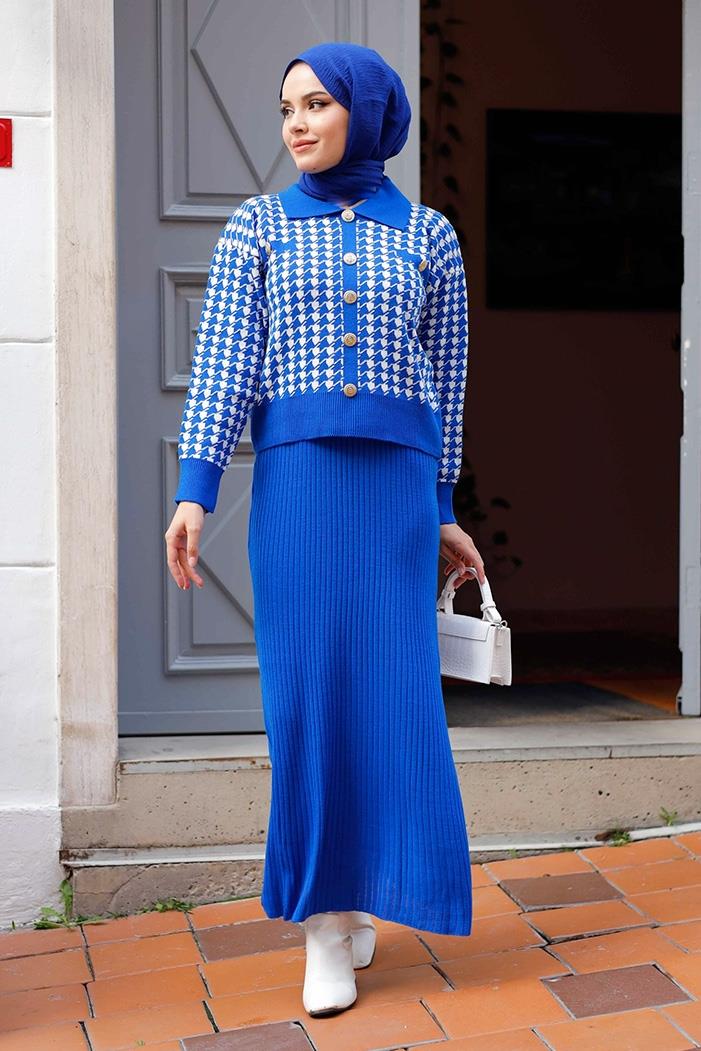 Jeli Elbise Hırka İkili Triko Takım 1220 - Saks Mavisi