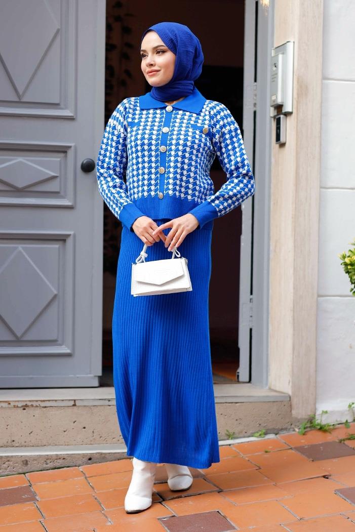 Jeli Elbise Hırka İkili Triko Takım 1220 - Saks Mavisi