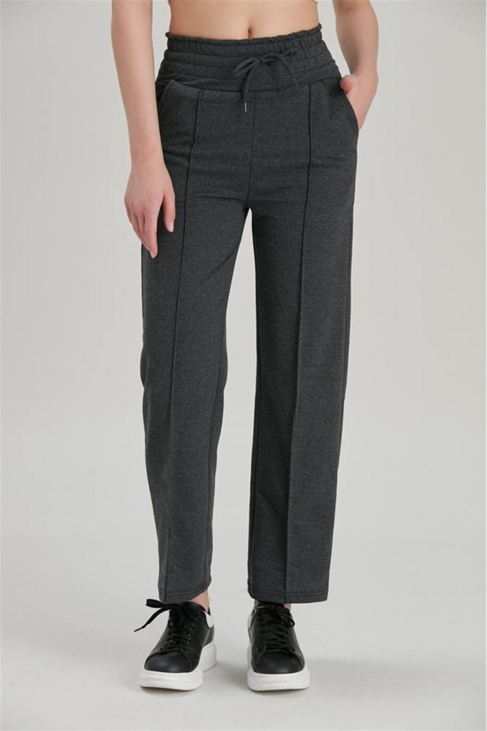 Kalın Kemerli Nervür Dikişli Cepli iki İplik Eşofman Altı - Antrasit