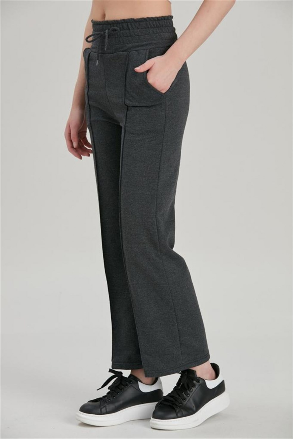 Kalın Kemerli Nervür Dikişli Cepli iki İplik Eşofman Altı - Antrasit