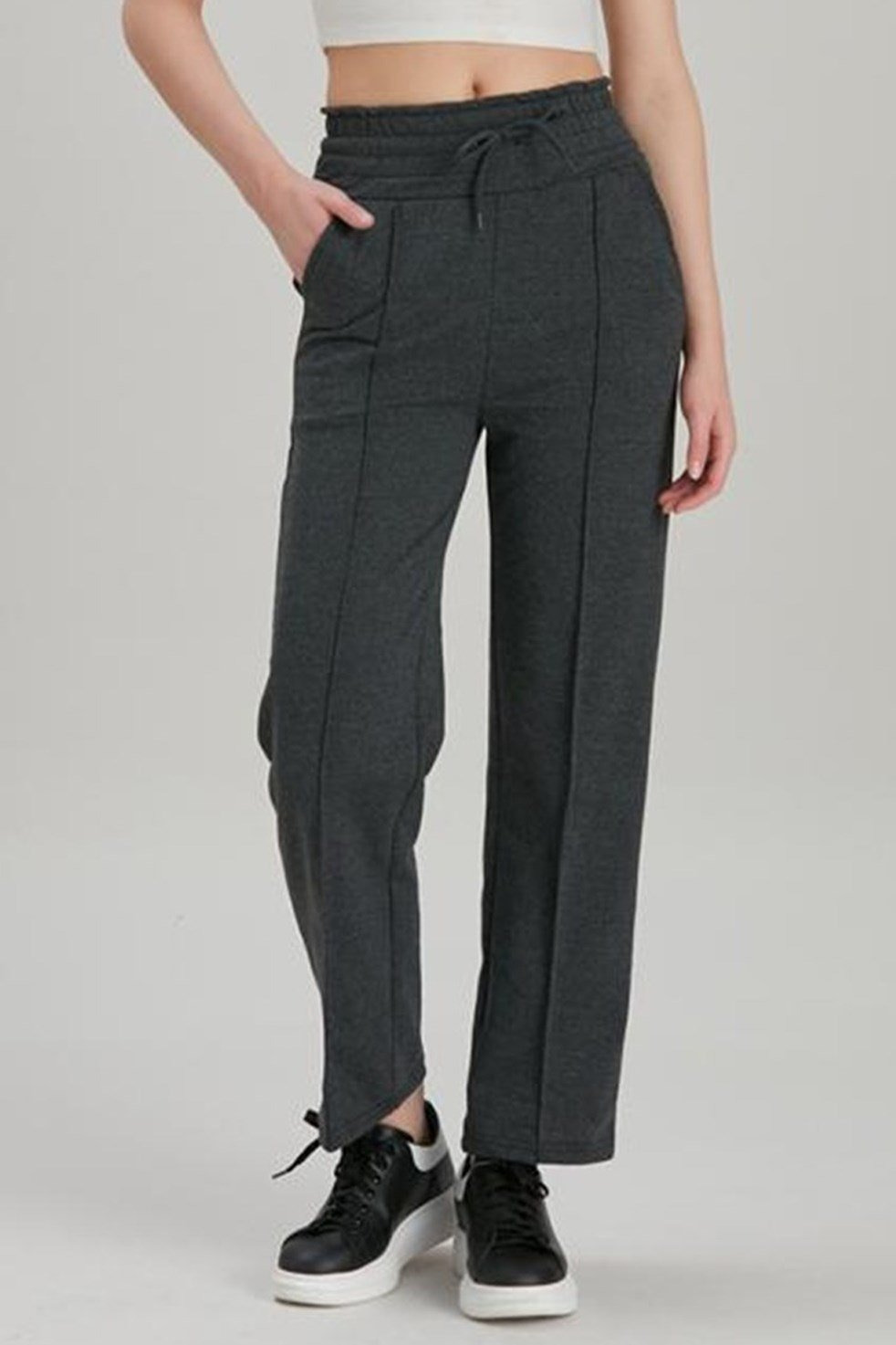 Kalın Kemerli Nervür Dikişli Cepli iki İplik Eşofman Altı - Antrasit