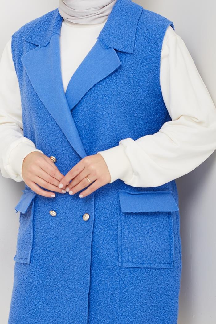 Kapak Cepli Düğmeli Yelek 1649 - Mavi