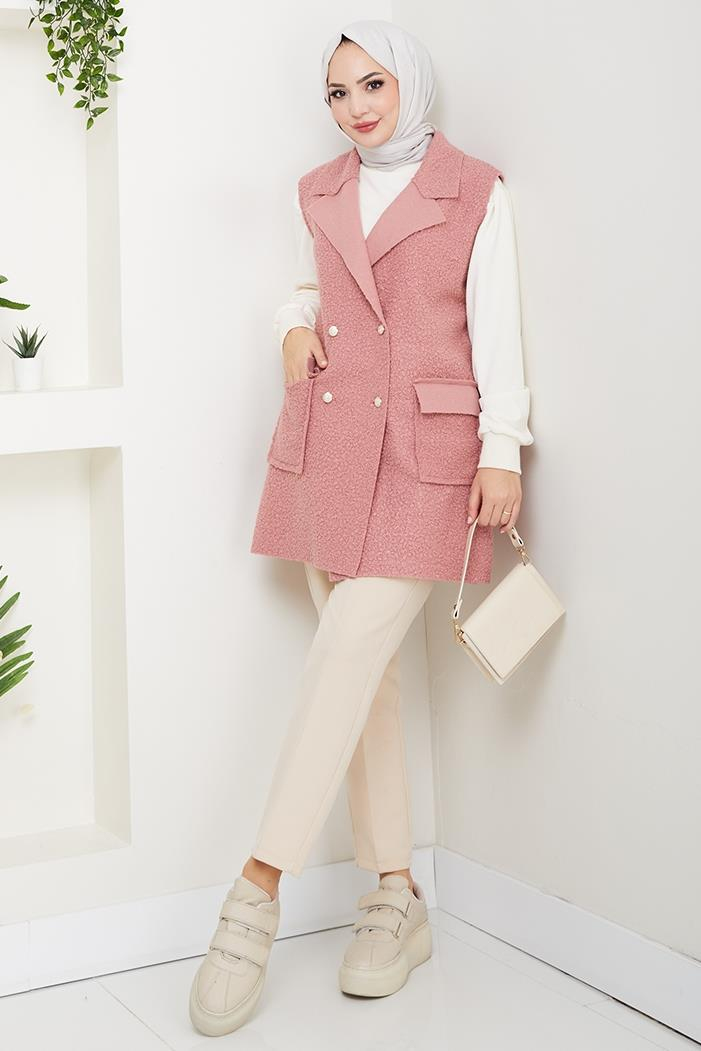 Kapak Cepli Düğmeli Yelek 1649 - Pembe