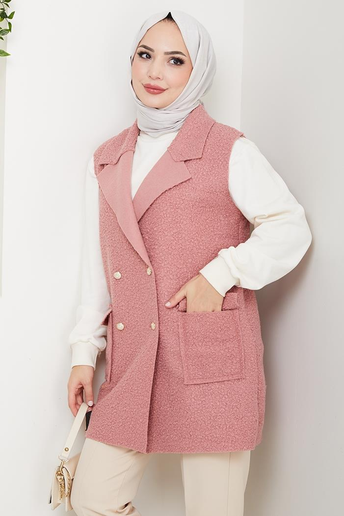 Kapak Cepli Düğmeli Yelek 1649 - Pembe