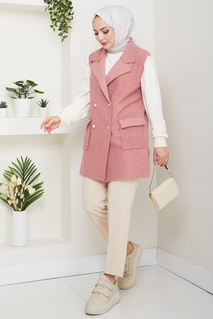 Kapak Cepli Düğmeli Yelek 1649 - Pembe