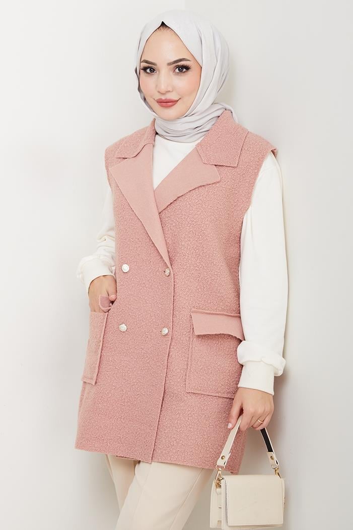 Kapak Cepli Düğmeli Yelek 1649 - Pudra