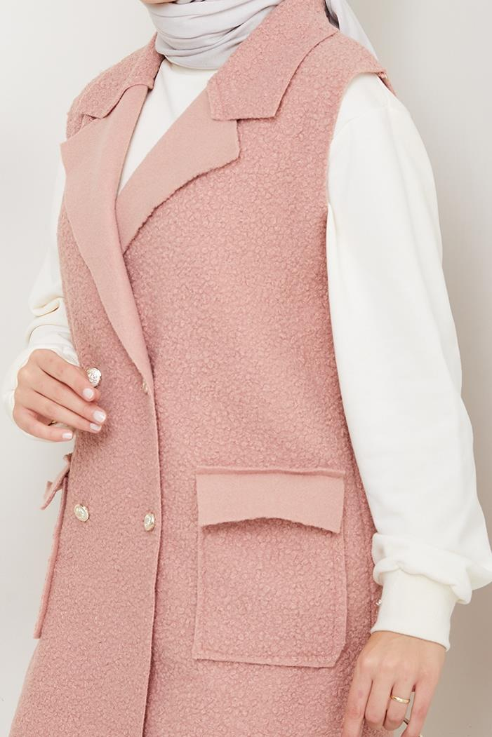 Kapak Cepli Düğmeli Yelek 1649 - Pudra