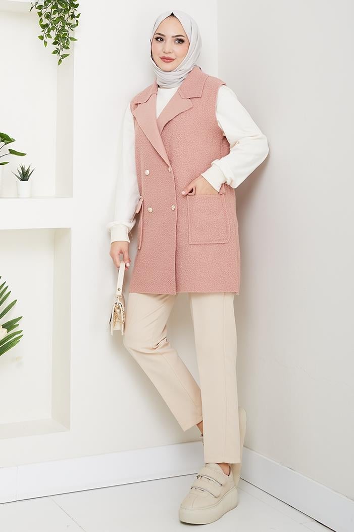 Kapak Cepli Düğmeli Yelek 1649 - Pudra