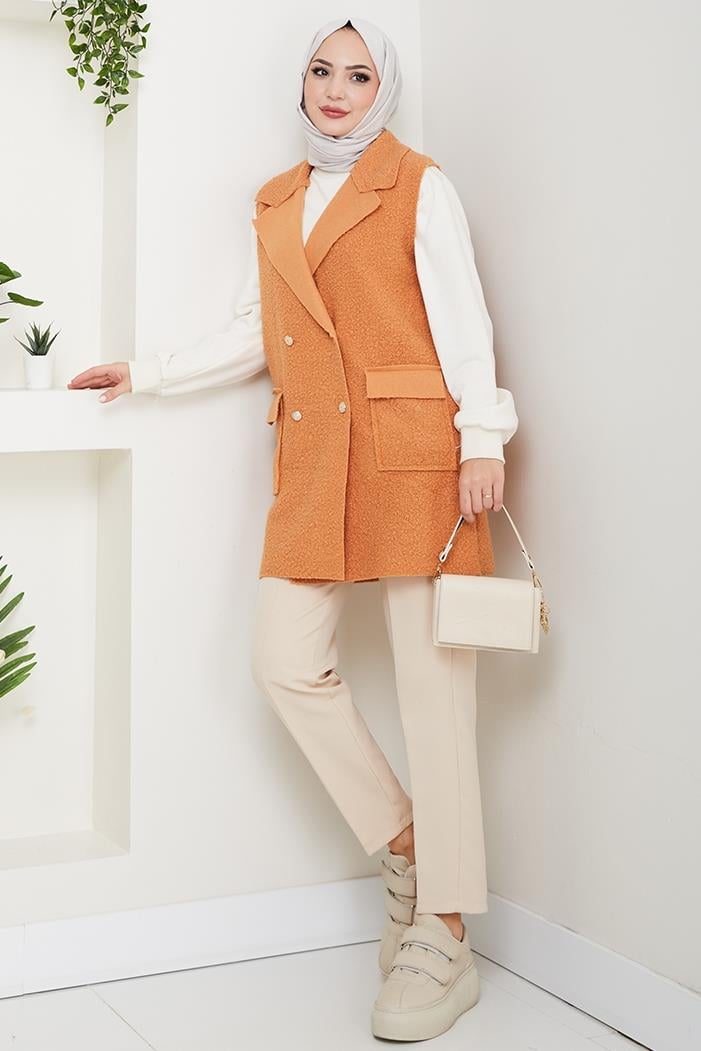 Kapak Cepli Düğmeli Yelek 1649 - Taba