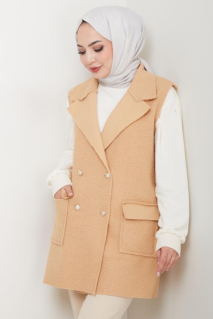 Kapak Cepli Düğmeli Yelek 1649 - Vizon