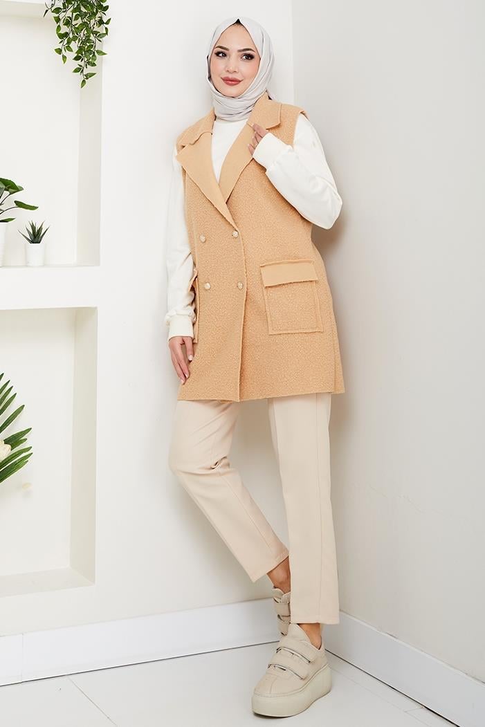 Kapak Cepli Düğmeli Yelek 1649 - Vizon