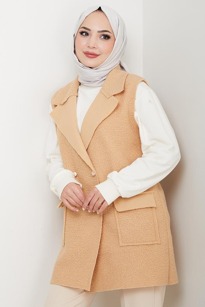 Kapak Cepli Düğmeli Yelek 1649 - Vizon