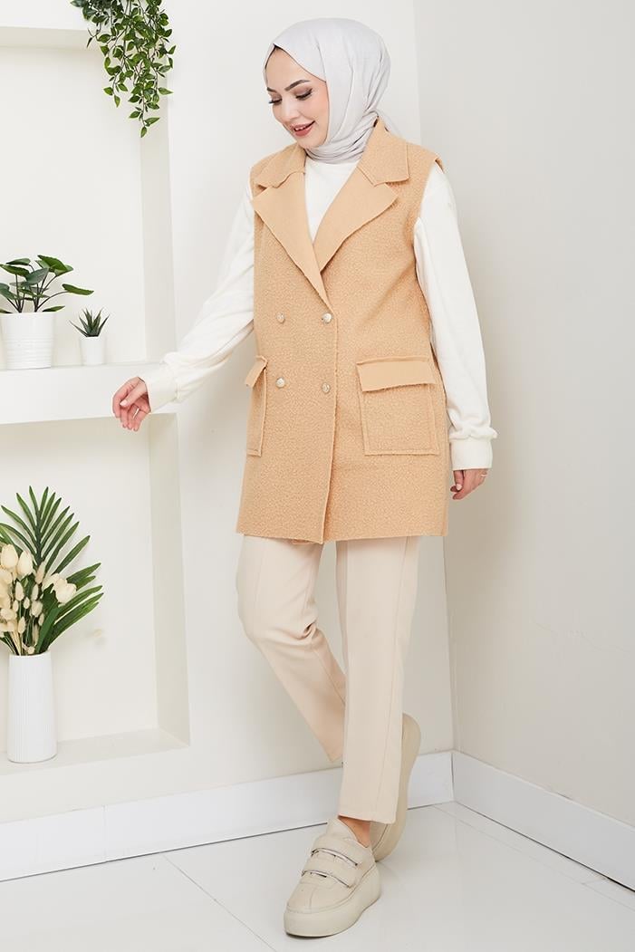 Kapak Cepli Düğmeli Yelek 1649 - Vizon