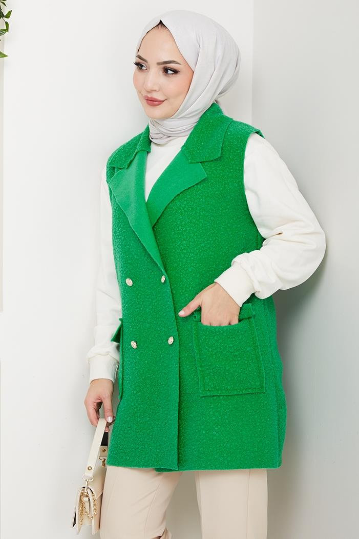 Kapak Cepli Düğmeli Yelek 1649 - Yeşil