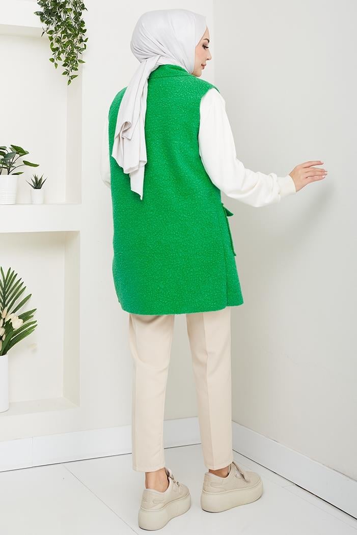 Kapak Cepli Düğmeli Yelek 1649 - Yeşil
