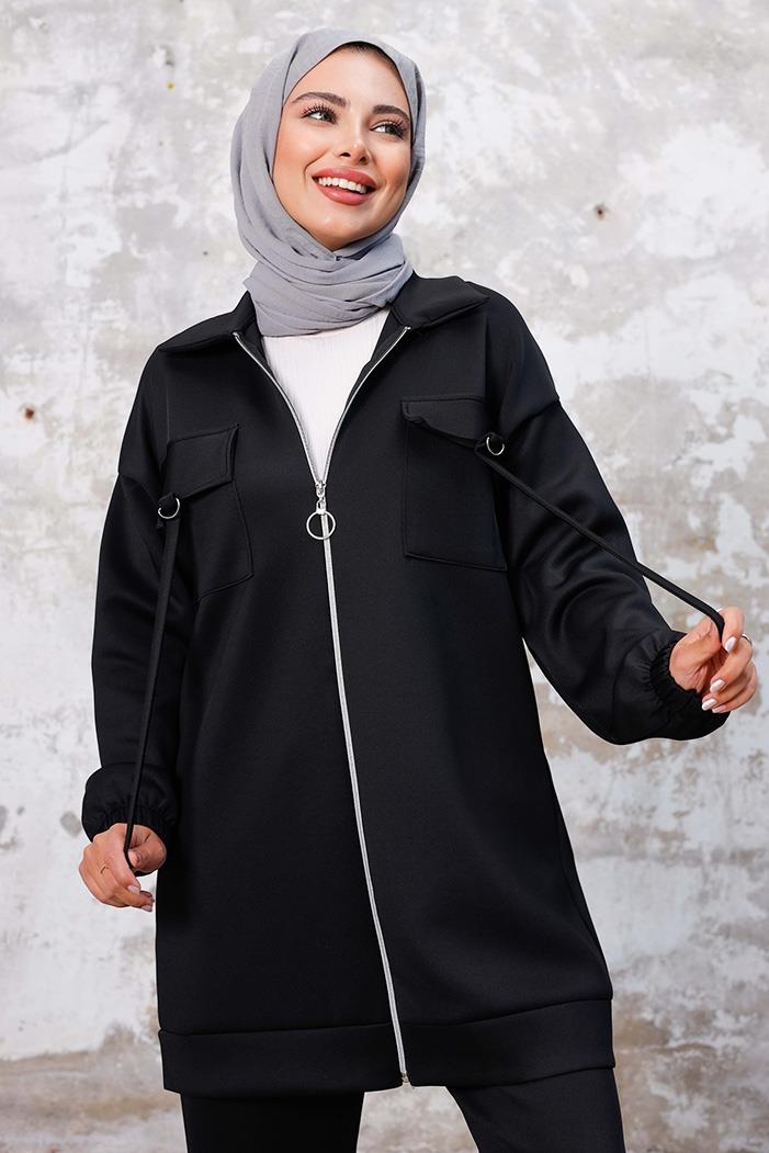 Kapak Cepli Tunik Pantolon Scuba İkili Takım 1260 - Siyah