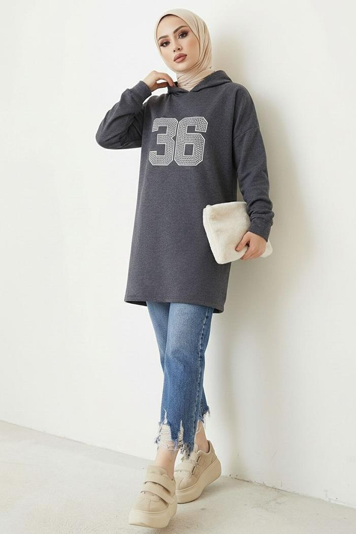 Kapüşonlu Baskılı Tesettür Tunik 1214 - Antrasit