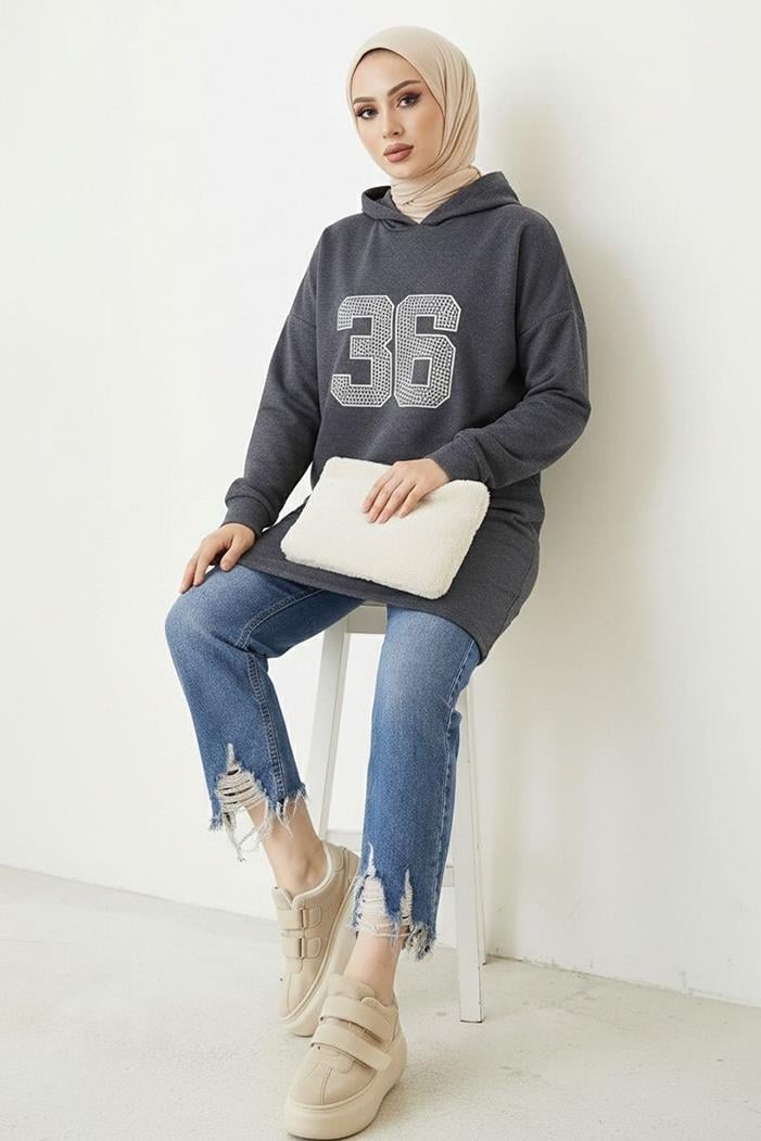 Kapüşonlu Baskılı Tesettür Tunik 1214 - Antrasit