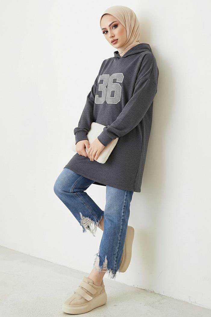 Kapüşonlu Baskılı Tesettür Tunik 1214 - Antrasit