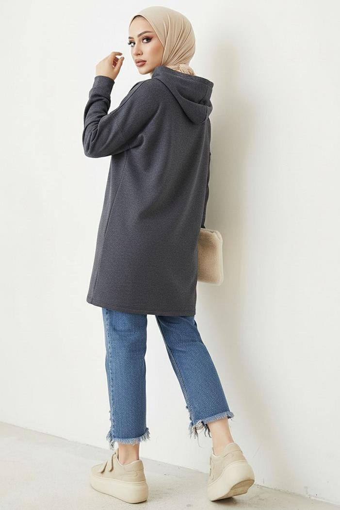 Kapüşonlu Baskılı Tesettür Tunik 1214 - Antrasit