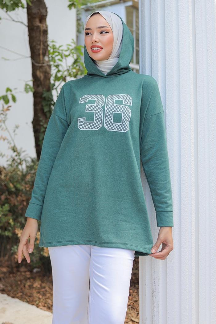 Kapüşonlu Baskılı Tesettür Tunik 1214 - Yeşil