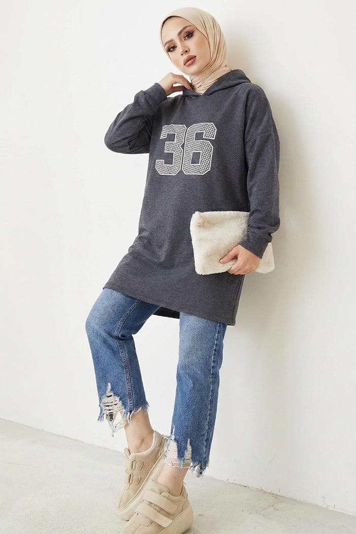 Kapüşonlu Baskılı Tesettür Tunik 1214 - Antrasit