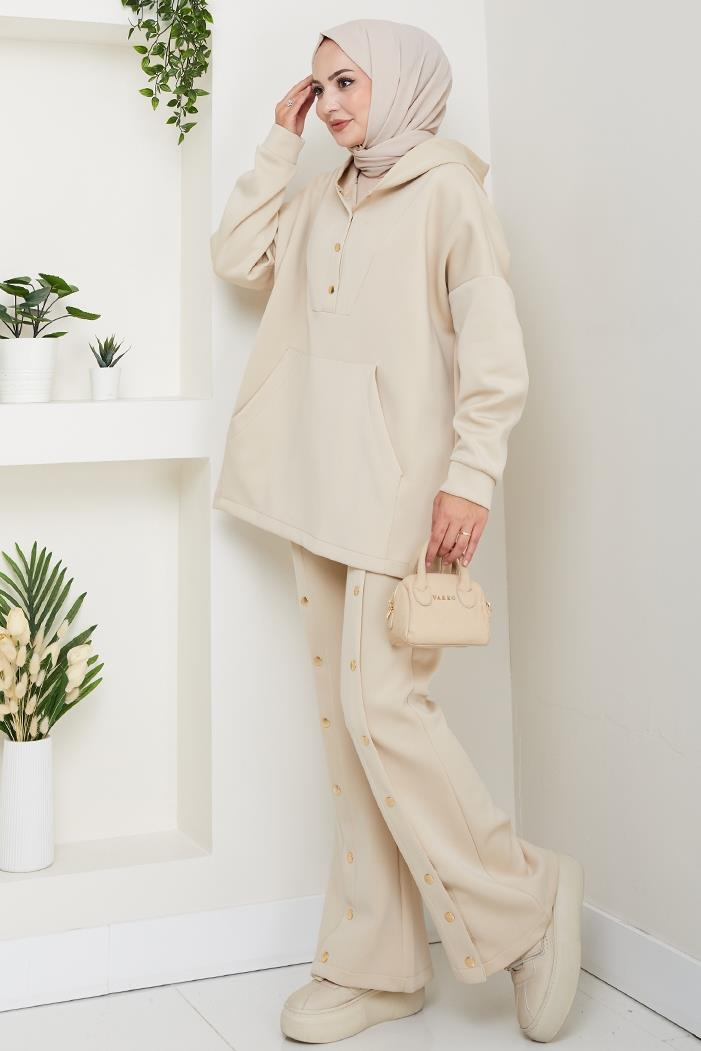 Kapüşonlu Düğme Detaylı Scuba Takım 1592 - Taş