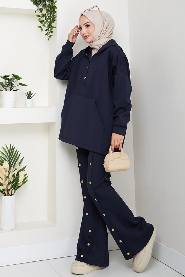 Kapüşonlu Düğme Detaylı Scuba Takım 1592 - Lacivert