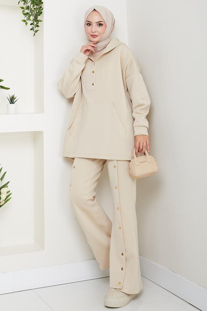 Kapüşonlu Düğme Detaylı Scuba Takım 1592 - Taş