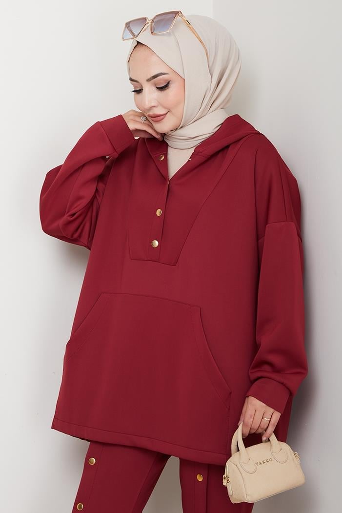 Kapüşonlu Düğme Detaylı Scuba Takım 1592 - Bordo