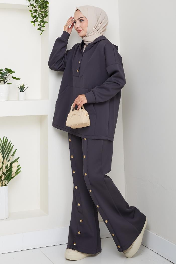 Kapüşonlu Düğme Detaylı Scuba Takım 1592 - Antrasit