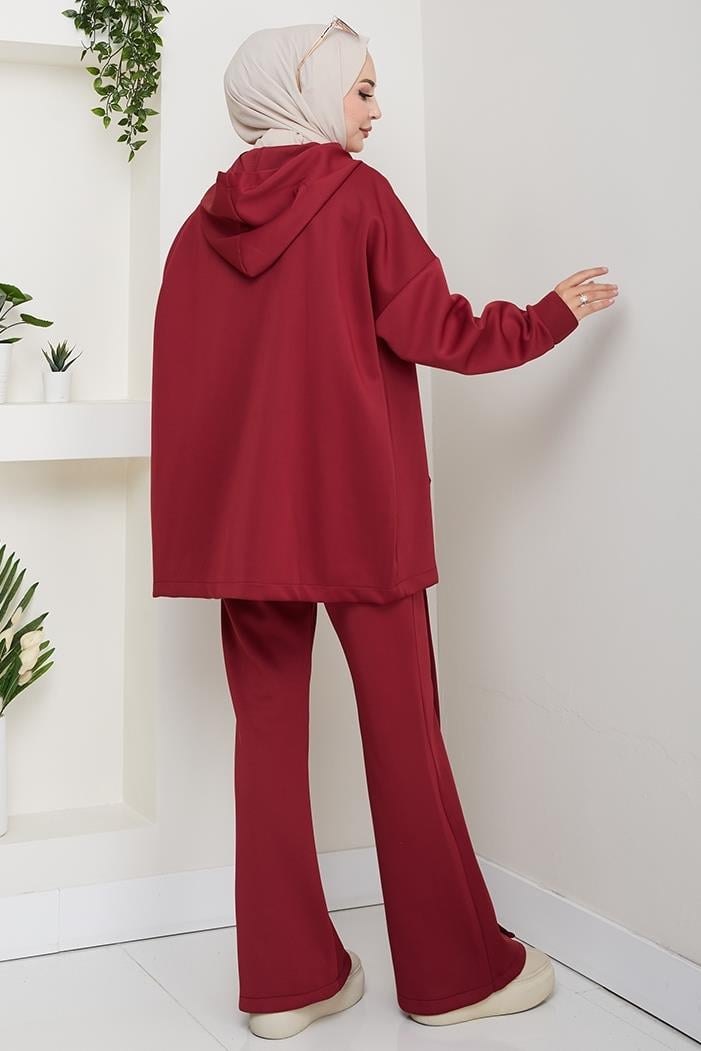 Kapüşonlu Düğme Detaylı Scuba Takım 1592 - Bordo