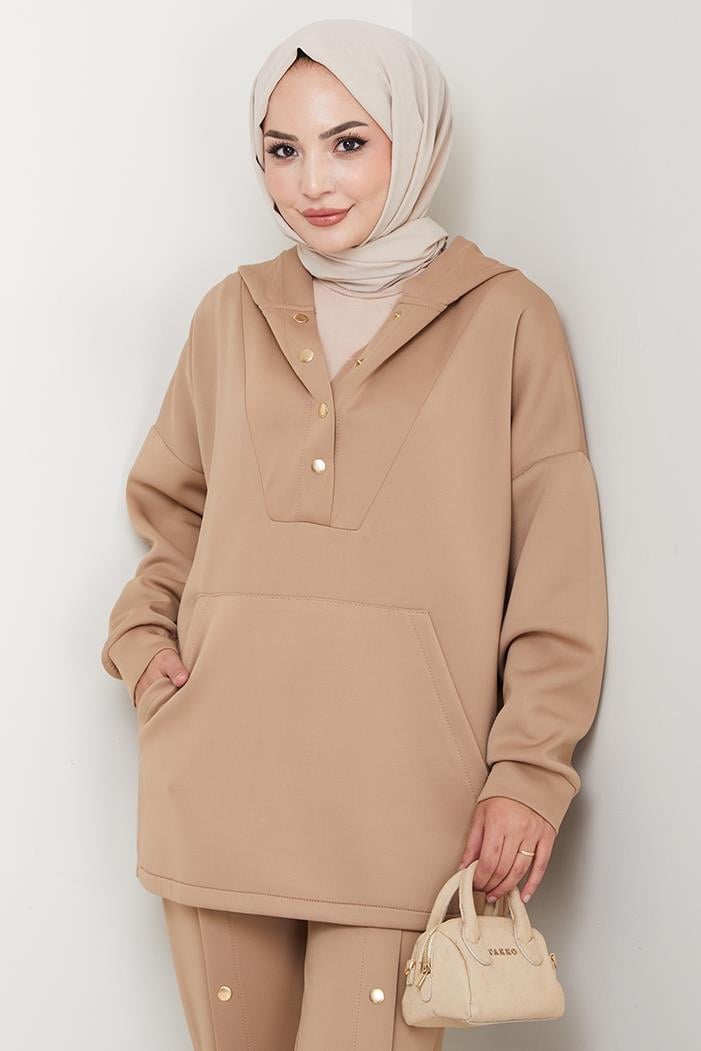 Kapüşonlu Düğme Detaylı Scuba Takım 1592 - Vizon