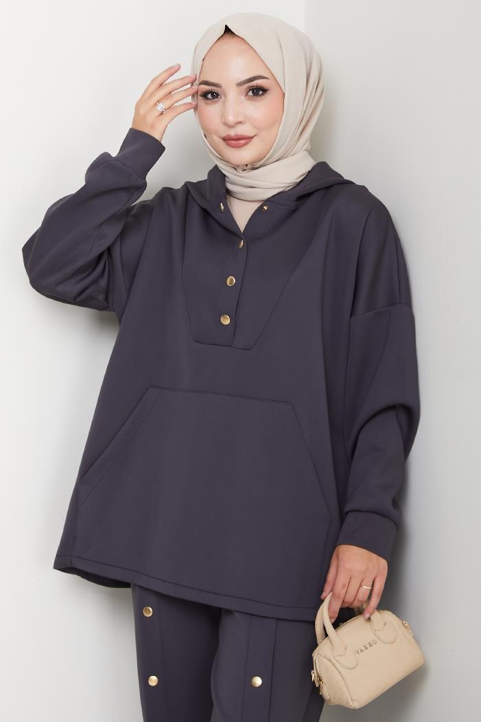 Kapüşonlu Düğme Detaylı Scuba Takım 1592 - Antrasit