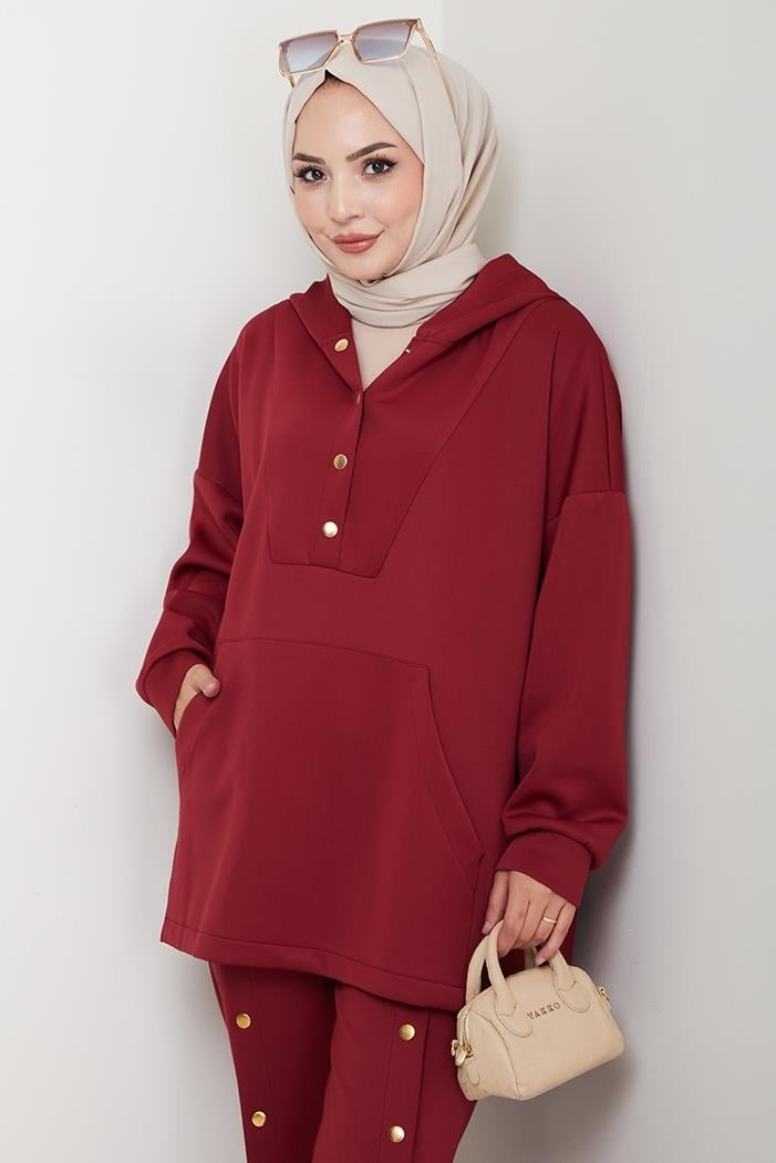 Kapüşonlu Düğme Detaylı Scuba Takım 1592 - Bordo