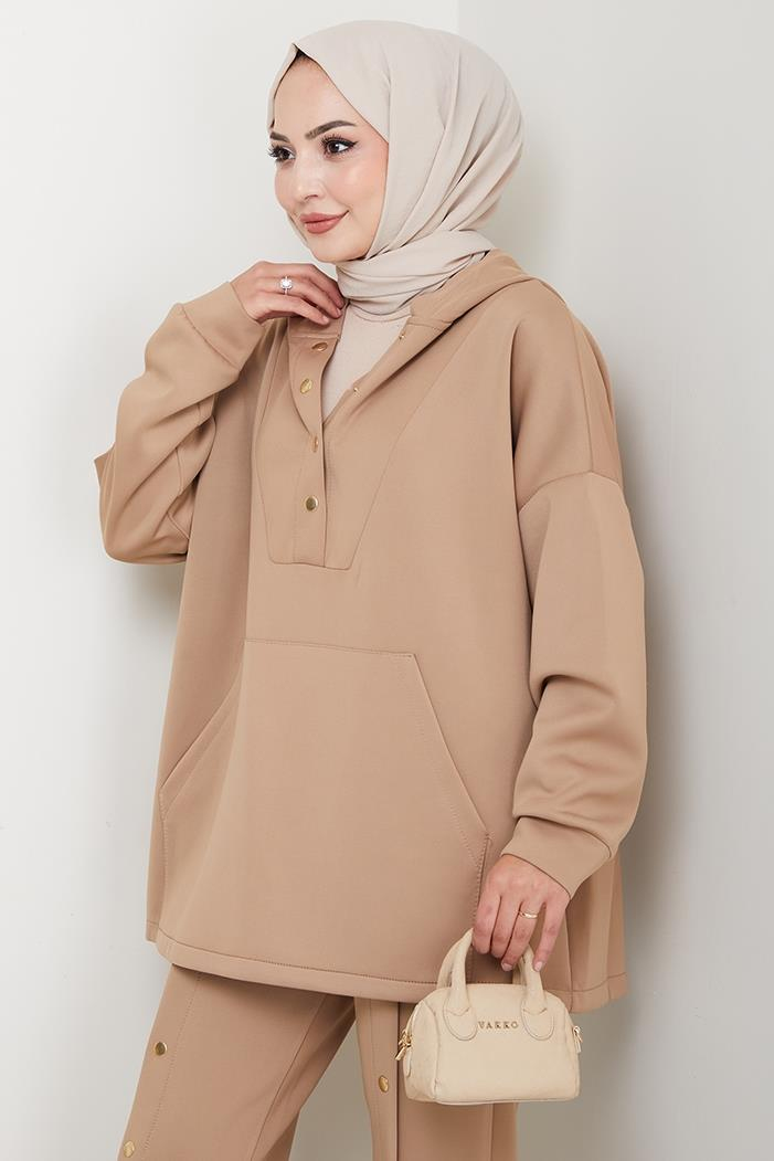 Kapüşonlu Düğme Detaylı Scuba Takım 1592 - Vizon