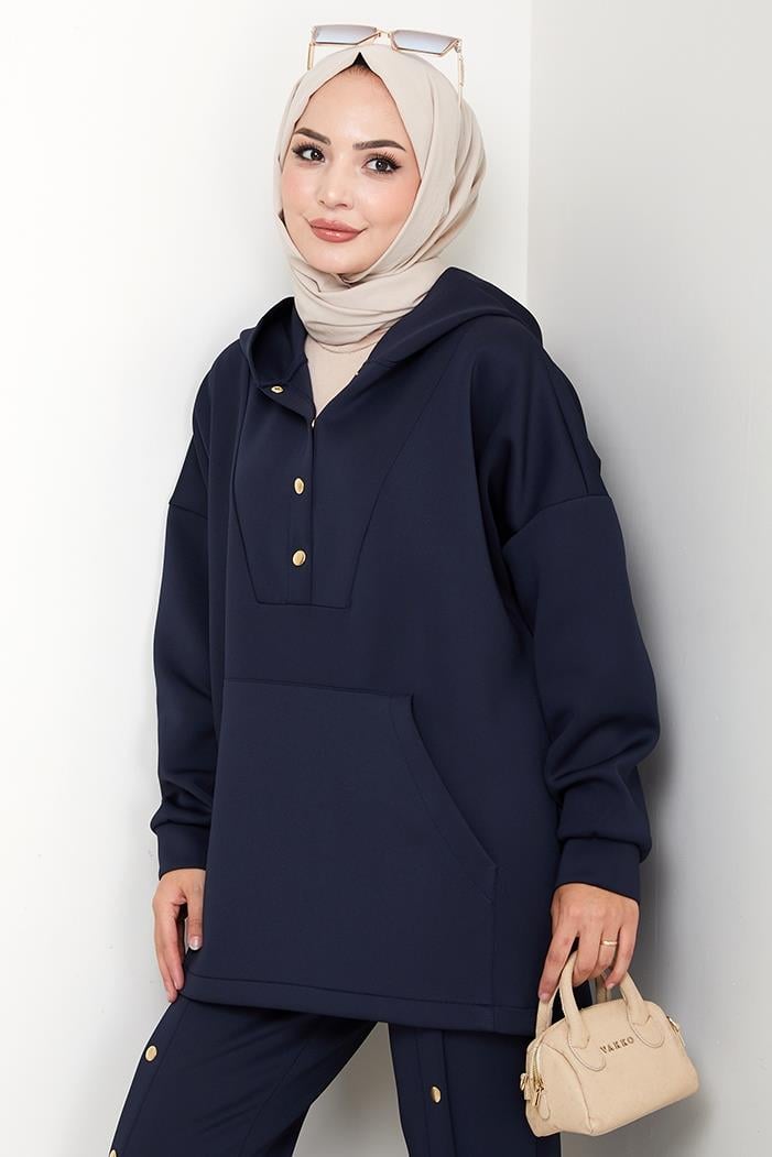 Kapüşonlu Düğme Detaylı Scuba Takım 1592 - Lacivert