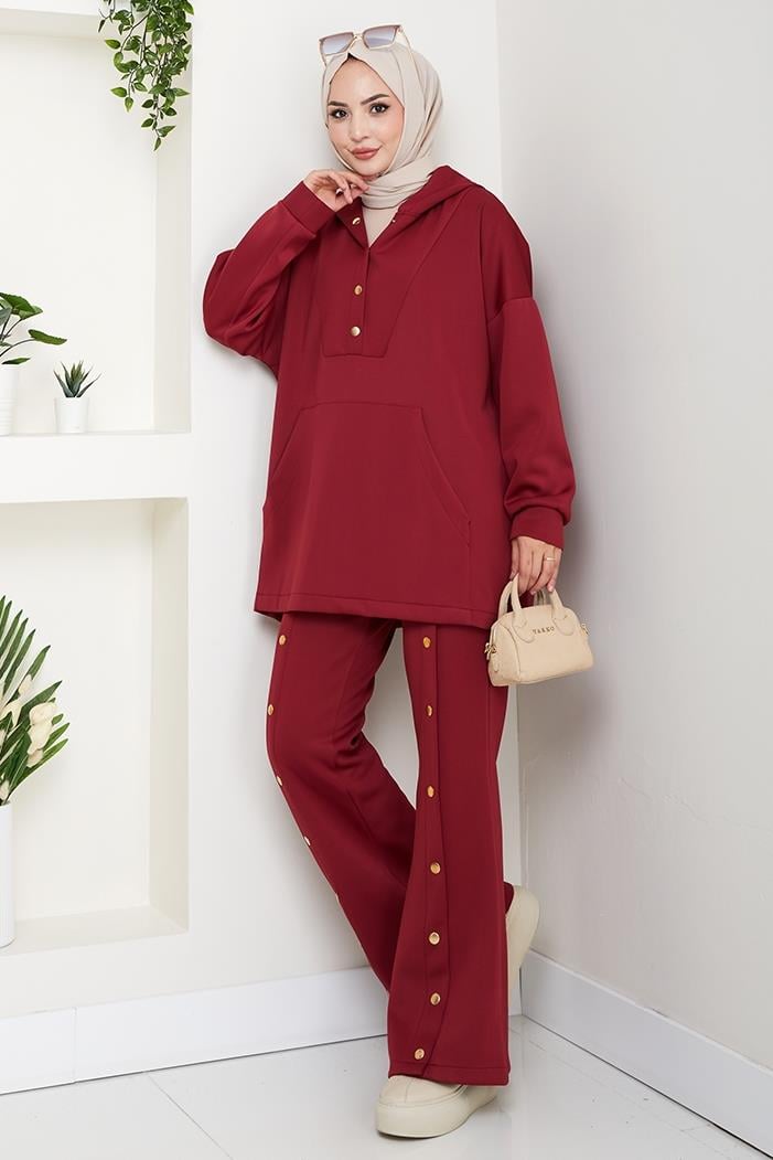 Kapüşonlu Düğme Detaylı Scuba Takım 1592 - Bordo