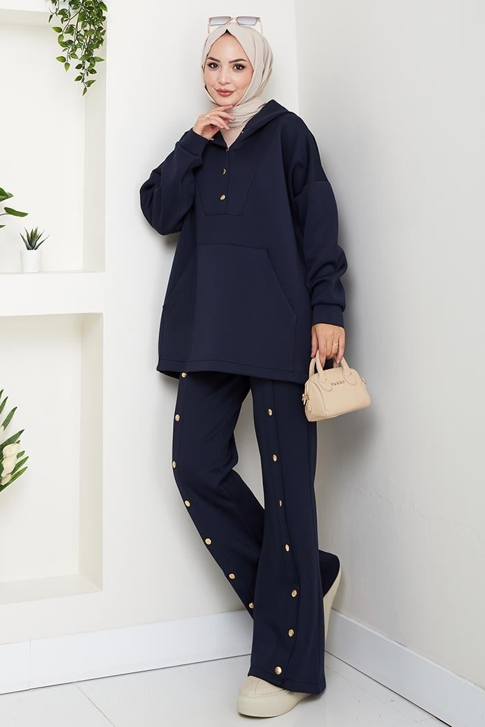Kapüşonlu Düğme Detaylı Scuba Takım 1592 - Lacivert