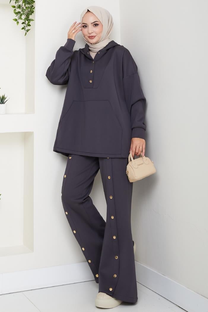 Kapüşonlu Düğme Detaylı Scuba Takım 1592 - Antrasit
