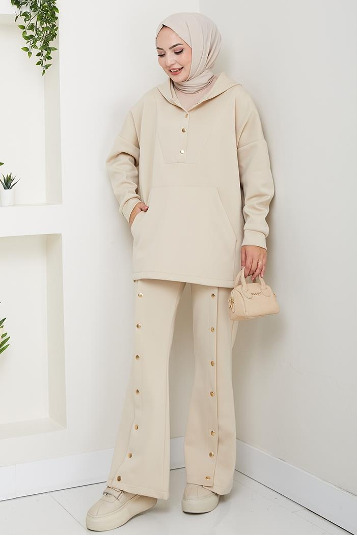 Kapüşonlu Düğme Detaylı Scuba Takım 1592 - Taş