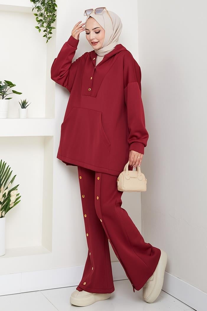 Kapüşonlu Düğme Detaylı Scuba Takım 1592 - Bordo